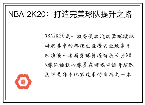 NBA 2K20：打造完美球队提升之路