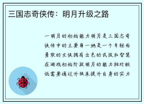 三国志奇侠传：明月升级之路